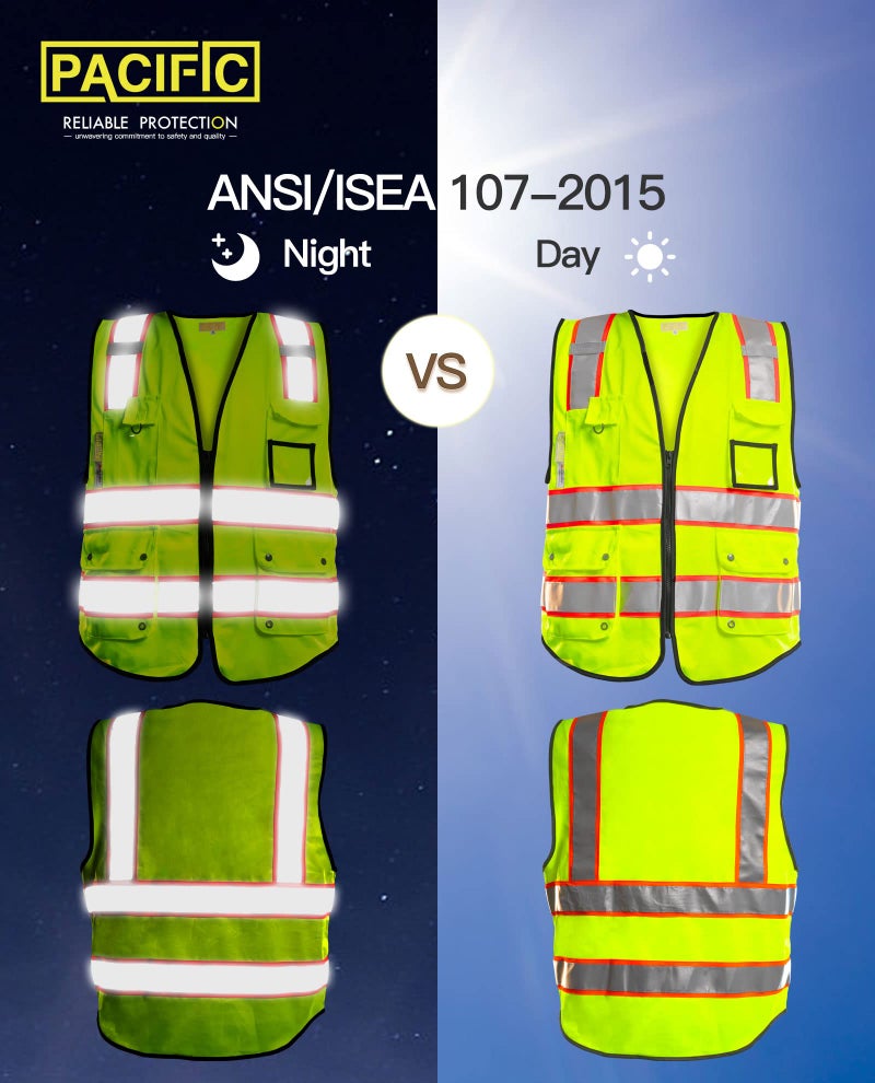 PACIFIC PPE سترة أمان للرجال من PACIFIC ذات 10 جيوب، أشرطة عاكسة عالية الوضوح 3M مع جيوب وسحاب، فئة ANSI 2، أصفر، كبير - Image 2